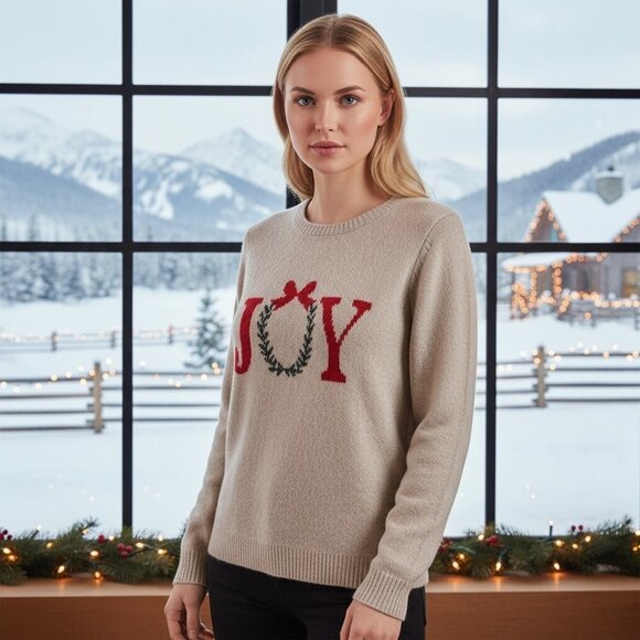 Cupcakes & Cashmere Beige JOY Christmas Wreath Holiday Sweater Size M - Picture 1 of 6